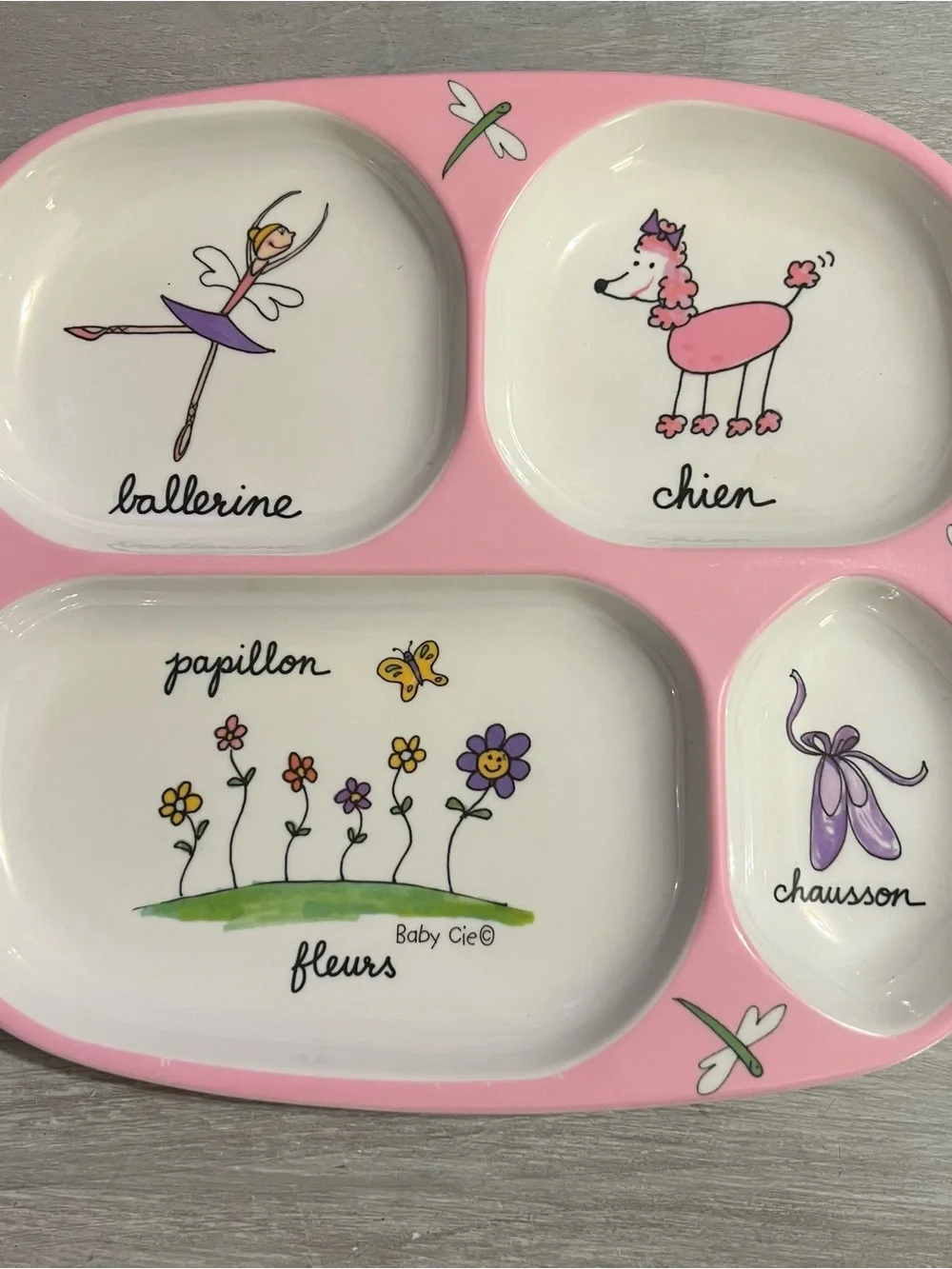 BabyCie Melamine Sectioned Toddler Plates Elephant/yellows & Poodles/pinks-Set 2